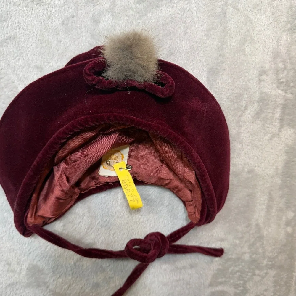 Vintage 1950s Burgundy Velvet Kids 3pc Snowsuit Set Coat Pants‎ Bonnet Fur Trim